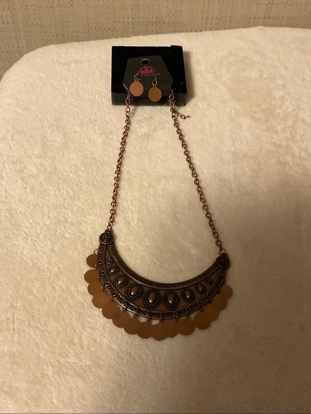 paparazzi Copper-Tone Filigree Crescent Bib Necklace with Disc Drops